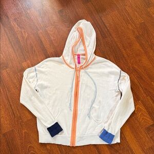Women White Hoodie Jacket with Orange Trim and Blue Cuffs